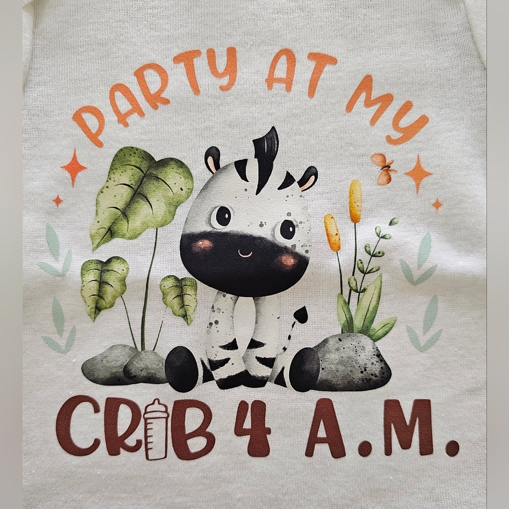 Gerber 3-6mos Baby Zebra Graphic Onesie: "Party at my Crib 4 am"